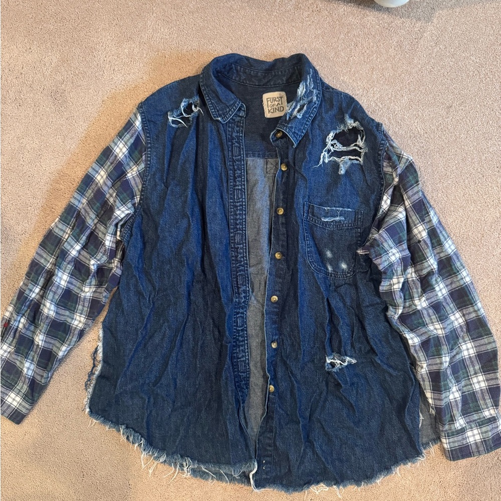Distressed Denim and Plaid Shirt